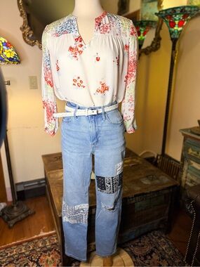 Light Wash Patchwork Women Jeans w/ Lucky Brand Patchwork Top